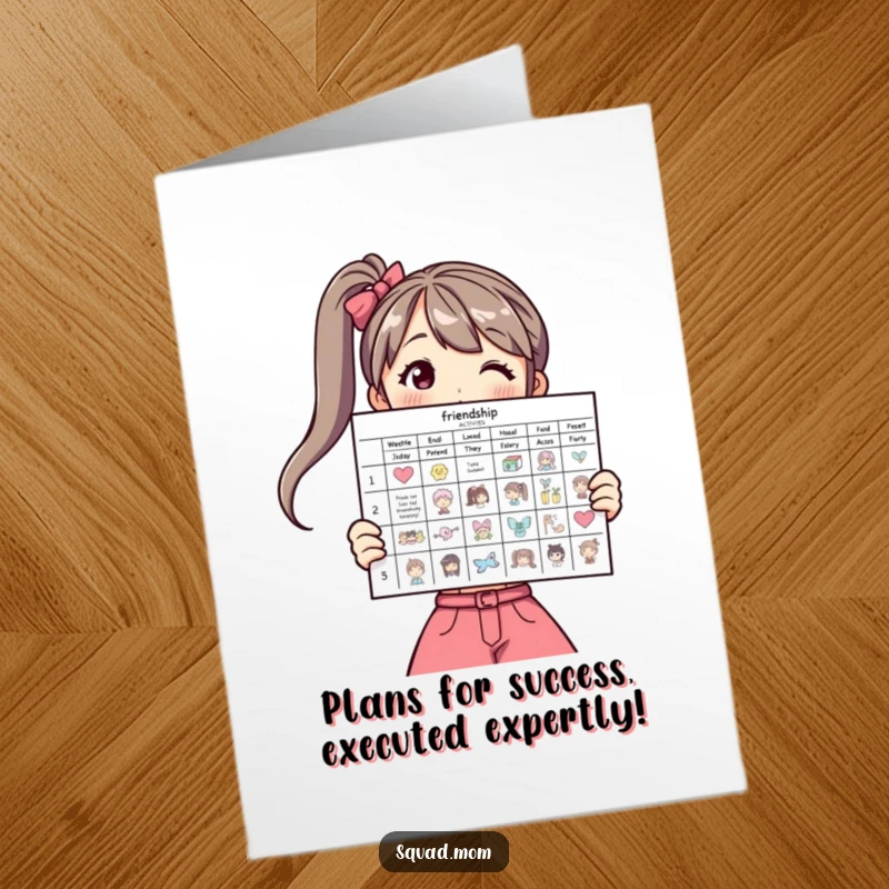 Funny Free Printable Congrats Card: Woman displaying a chart of friendship activities. A fun, print-at-home celebration.