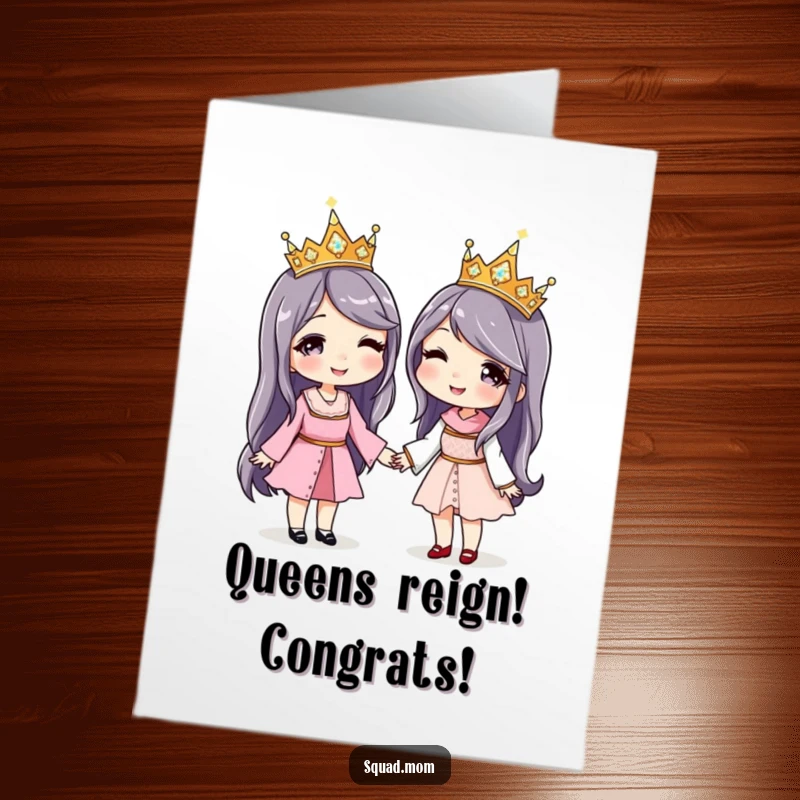 Funny free printable congratulations card: Two women wearing matching sparkly crowns, holding hands joyfully after a big win.
