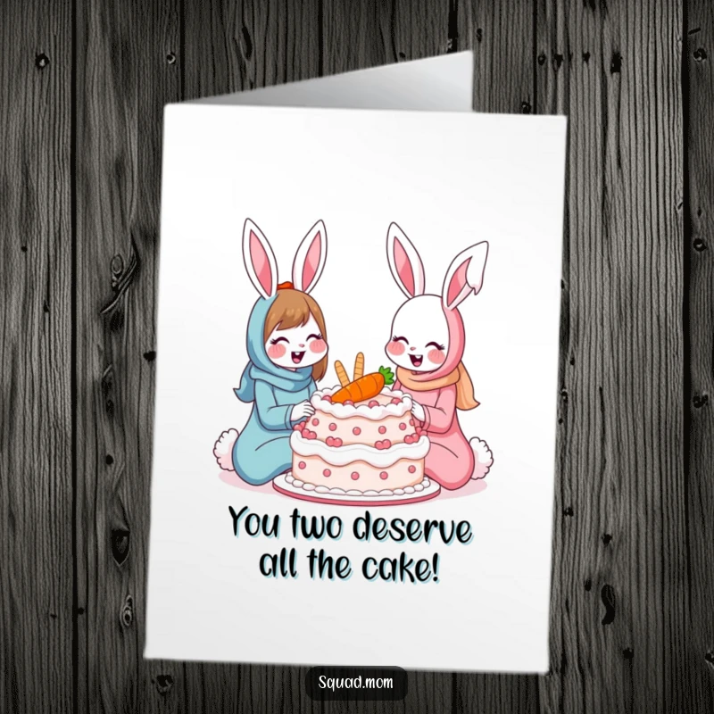 Funny Free Printable Congrats Card: Two happy bunny moms sharing a giant carrot cake, celebrating success.