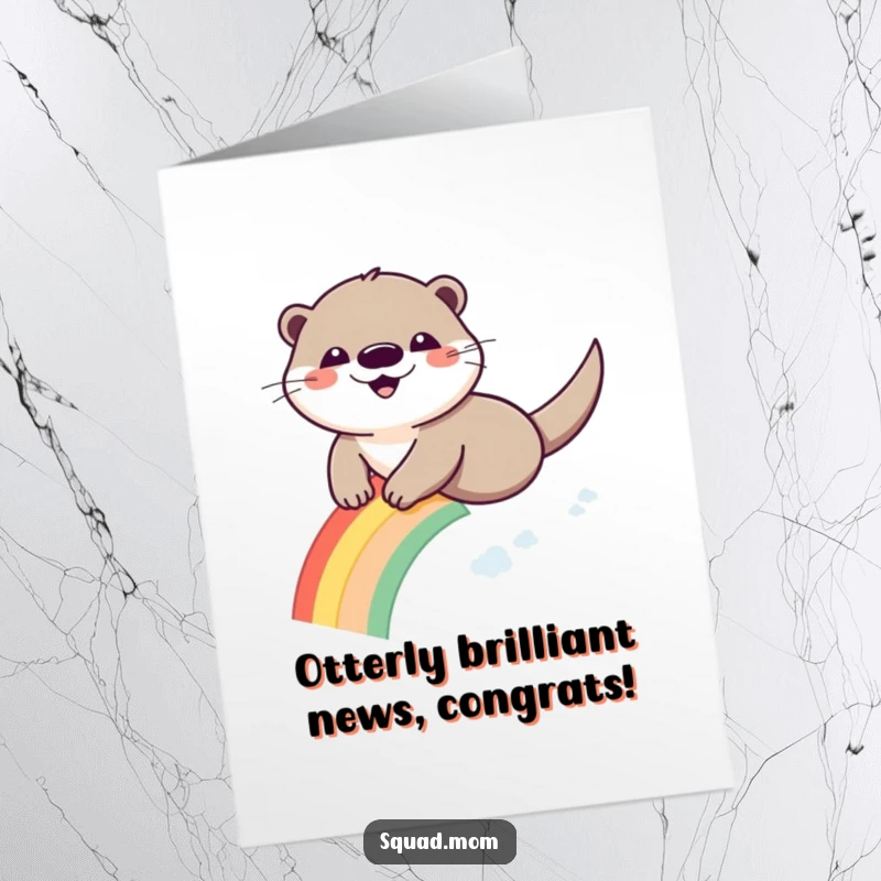 Funny Free Printable Congratulations Card featuring a happy otter surfing down a colorful rainbow with pure delight.