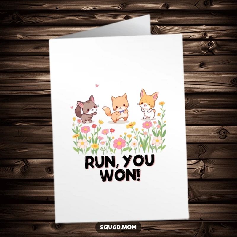 Funny Free Printable Congratulations Card with playful animal friends frolicking amongst beautiful flowers in a celebratory mood.