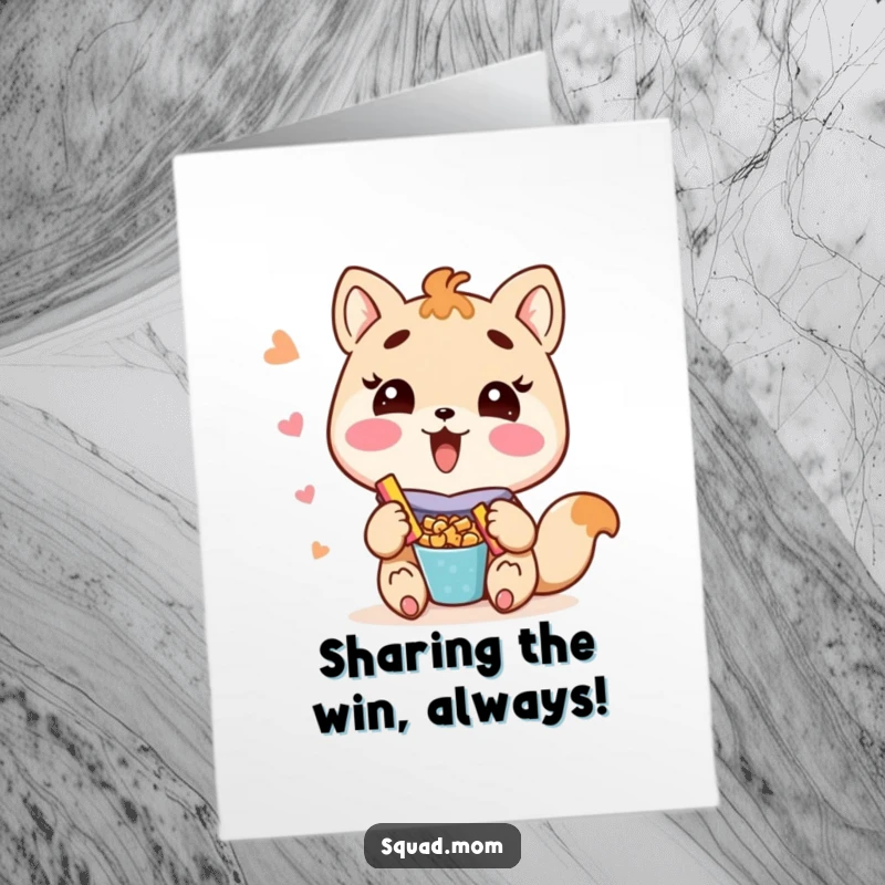 Funny Free Printable Congratulations Card: A cheerful Kawaii mom animal character enthusiastically presents a box of tasty snacks as a congratulatory treat.