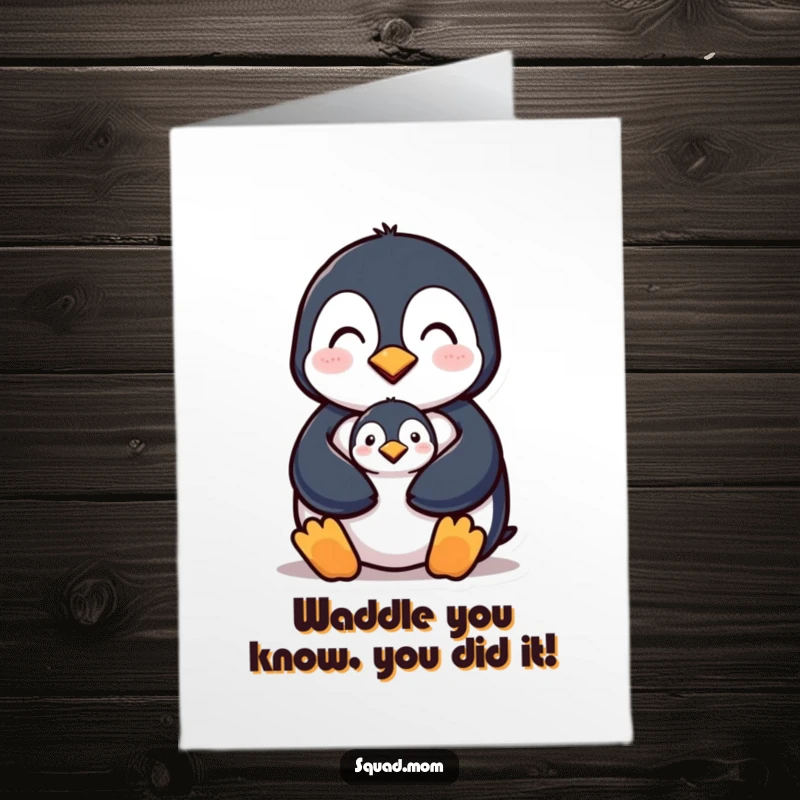 Funny Free Printable Congratulations Card depicting a protective penguin mom watching over her precious chick.