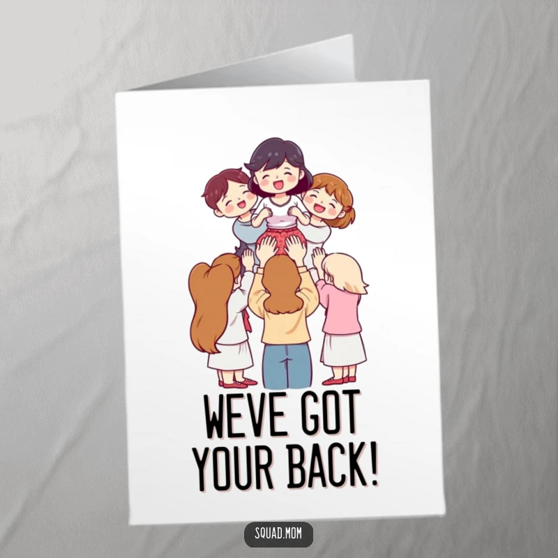 Funny Free Printable Congrats Card: Women lifting friend high, celebrating achievement, teamwork, printable greeting, supportive.