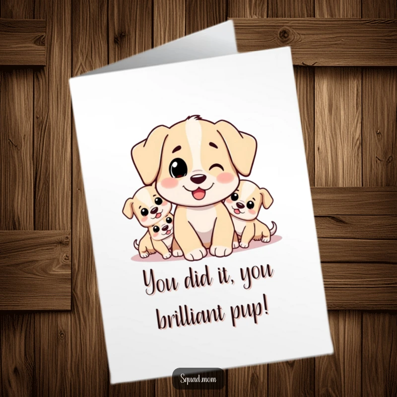 Funny Free Printable Congratulations Card showing a happy dog mom embraced by her energetic litter of puppies.