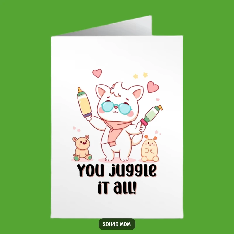 Free Printable Kawaii Mom Juggling Congrats Card - Humorous Downloadable for New Parents