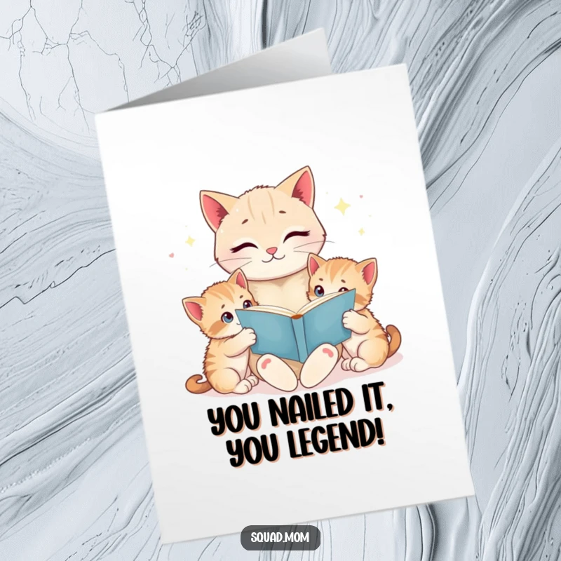 Funny Free Printable Congratulations Card: Cat mom reads to kittens, a delightful and humorous downloadable art for achievements.