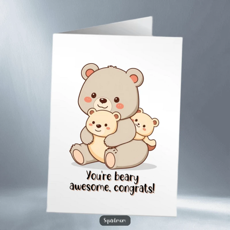 Funny Free Printable Congratulations Card: A happy bear mom carries her cub on a piggyback ride, celebrating triumphs with delight.