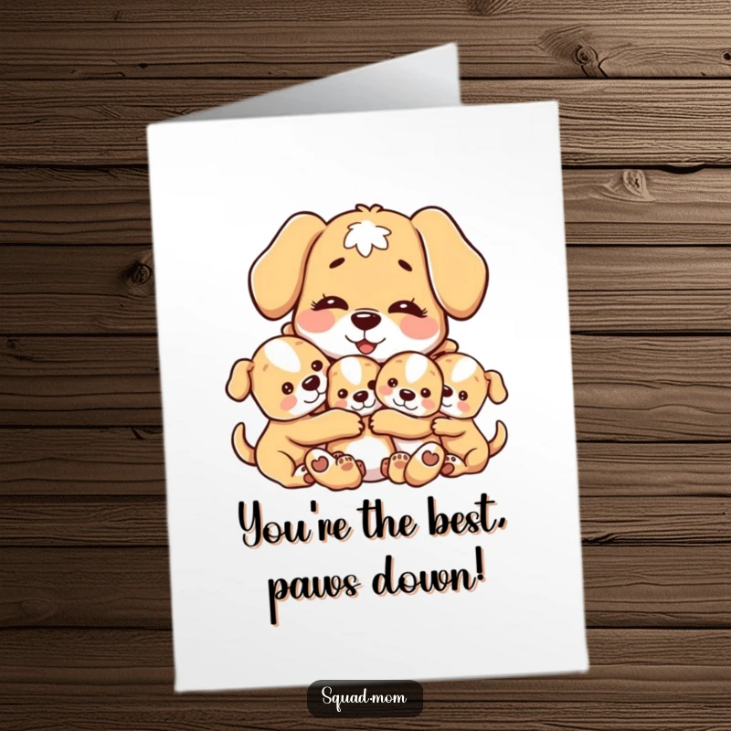 Free Printable Congratulations Card: A motherly dog character hugging her adorable puppies with a warm smile, celebrating success with a tender, downloadable design.