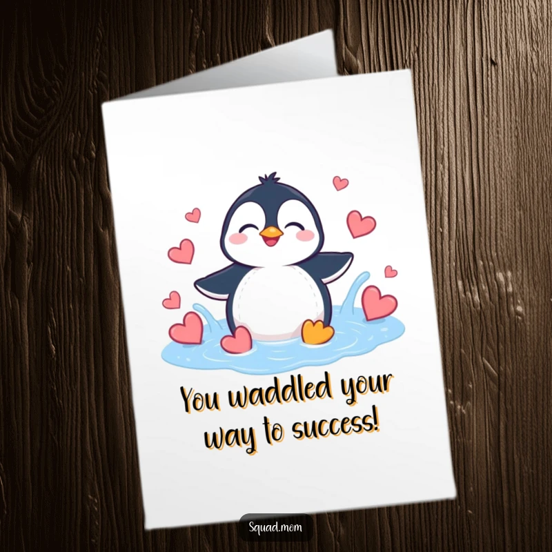 Funny Free Printable Congratulations Card with a happy penguin making a heart-filled splash, celebrating good news.