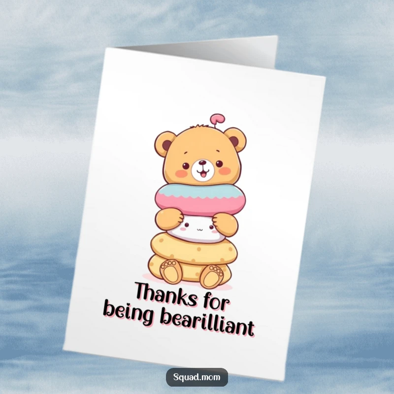 Free Printable Thank You card with a cheerful bear cub balancing a stack of soft toys, expressing thanks.