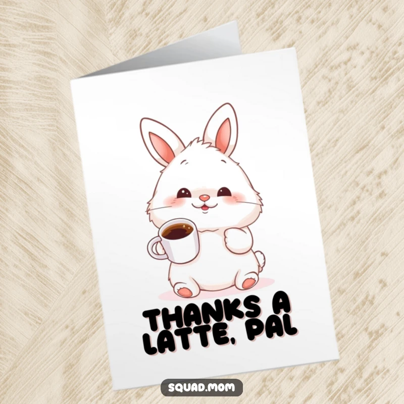 Free Printable Thank You card with a fluffy bunny wiggling its nose, holding a tiny coffee cup, expressing thanks.