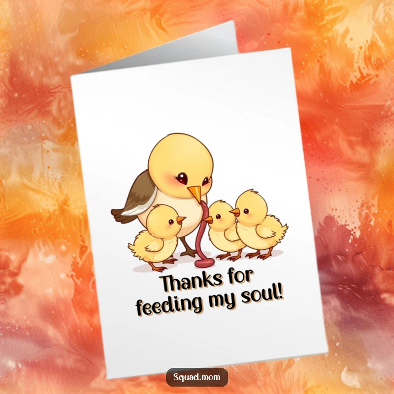 Funny Free Printable Thank You Card: Loving bird mom feeding her chicks, a symbol of care and gratitude, downloadable art.