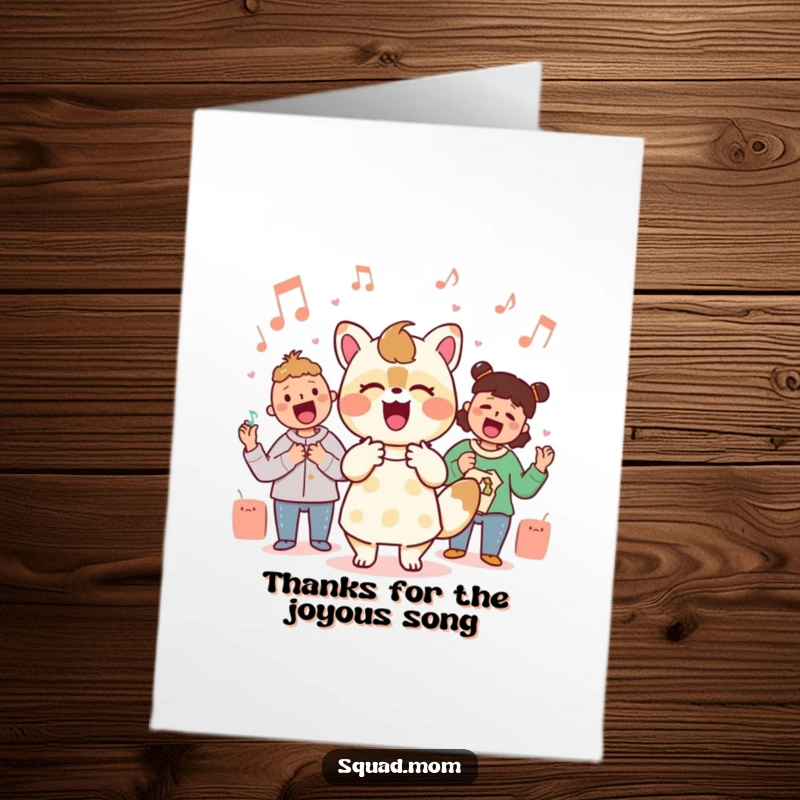 Funny Free Printable Thank You Card: A Kawaii mom animal character sings with gusto during a singalong, expressing heartfelt thanks.