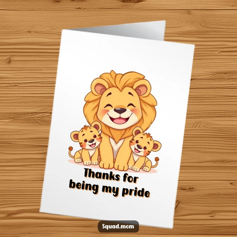 Funny Free Printable Thank You Card: Smiling lion mom lovingly watches over her playful cubs, conveying heartfelt thanks.