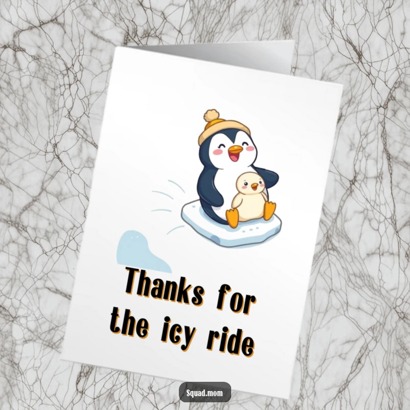 Funny Free Printable Thank You Card: Penguin mom and chick gleefully slide down a snowy hill, expressing thanks.