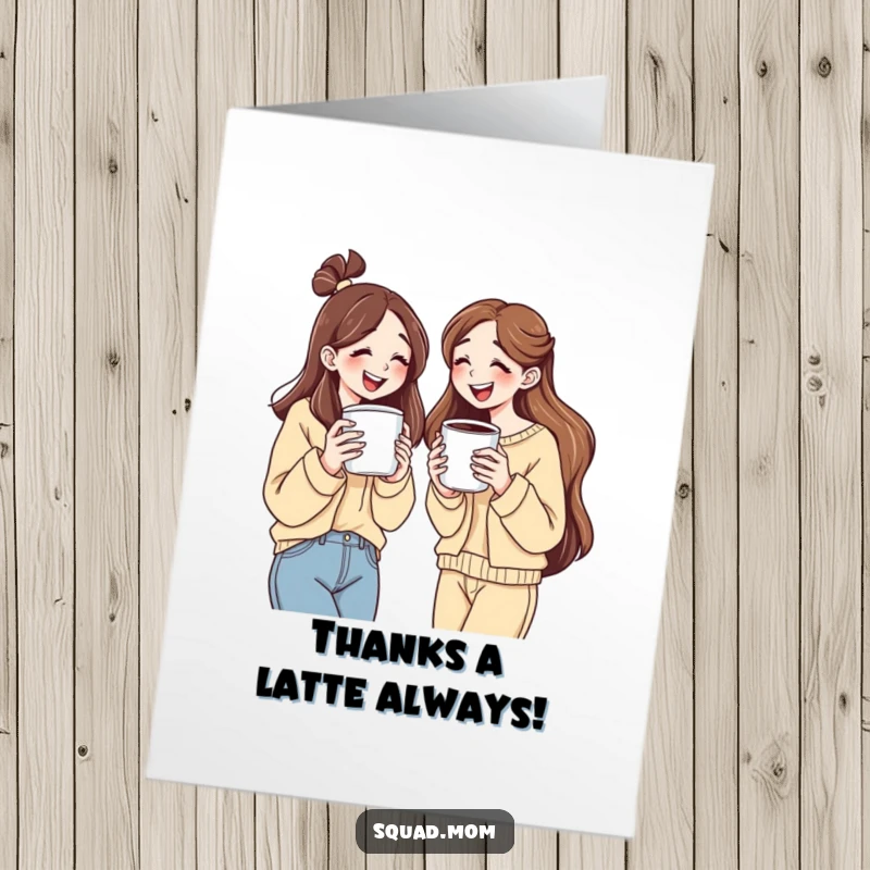 Funny free printable thank you card: Women holding oversized coffee cups, sharing a genuine laugh while expressing thanks.