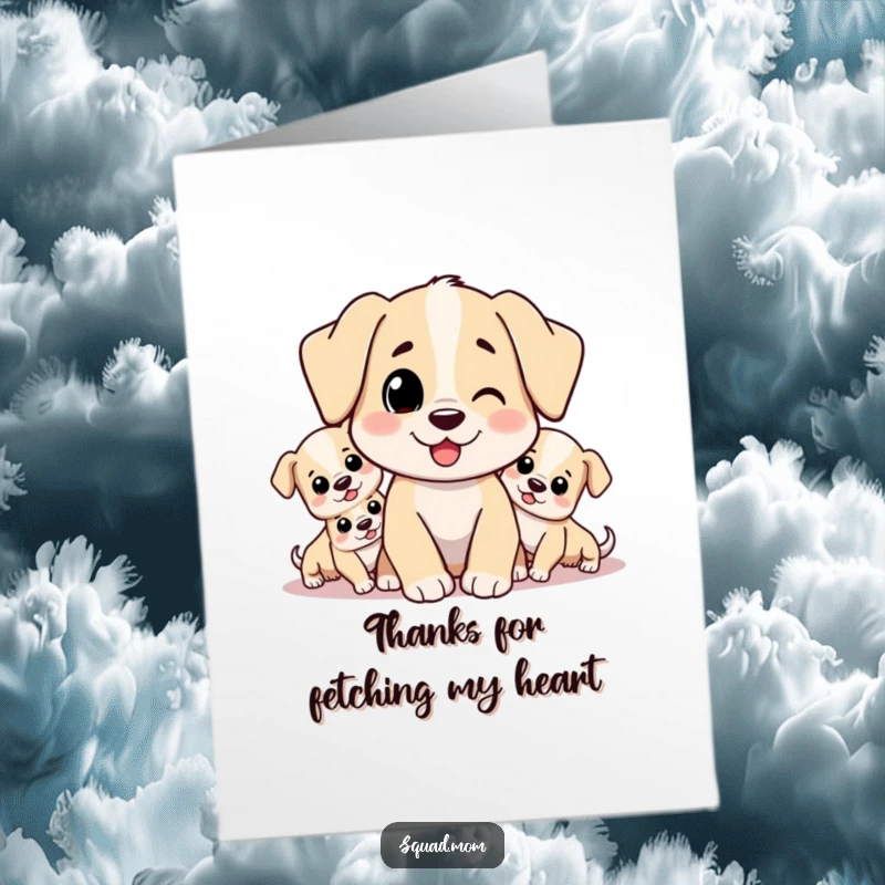 Funny Free Printable Thank You Card dedicated to a loving dog mom surrounded by her playful puppies.