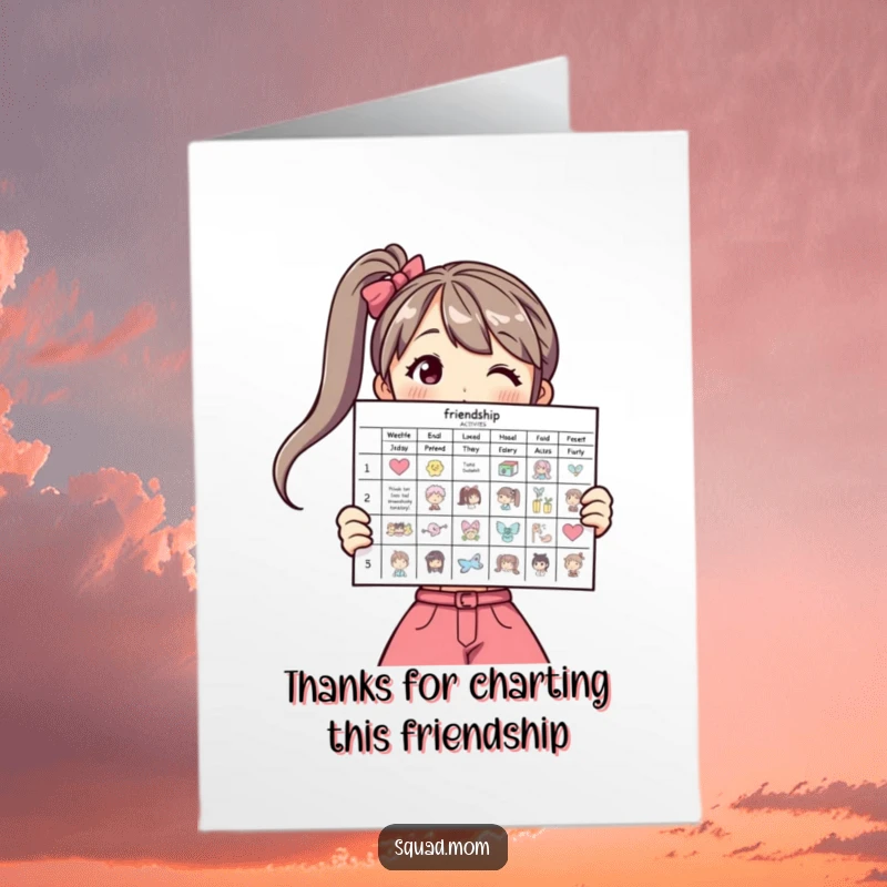 Funny Free Printable Thank You Card: Woman proudly displaying a chart of friendship activities. A heartfelt, print-at-home message.