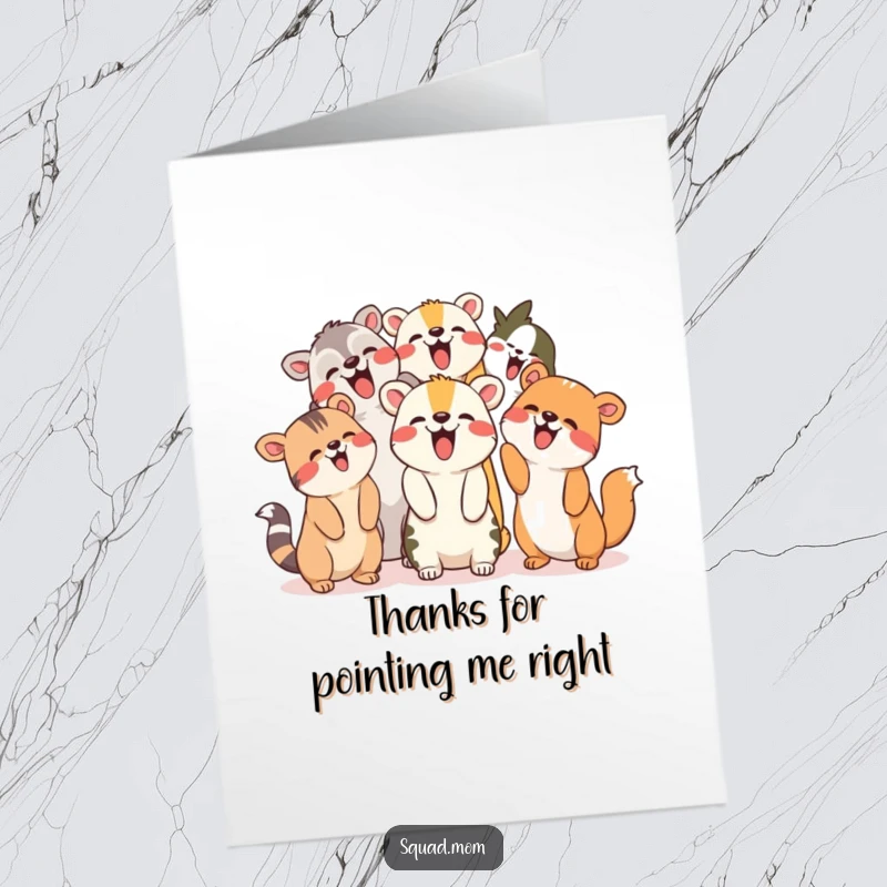 Funny Free Printable Thank You Card: Animals giggling and pointing upwards, sharing a moment of delightful appreciation.