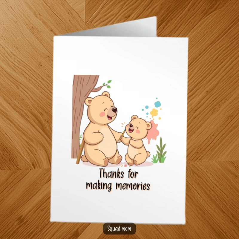 Funny Free Printable Thank You Card: Bear mom and cub giggling while painting a mural, showing thanks artistically.