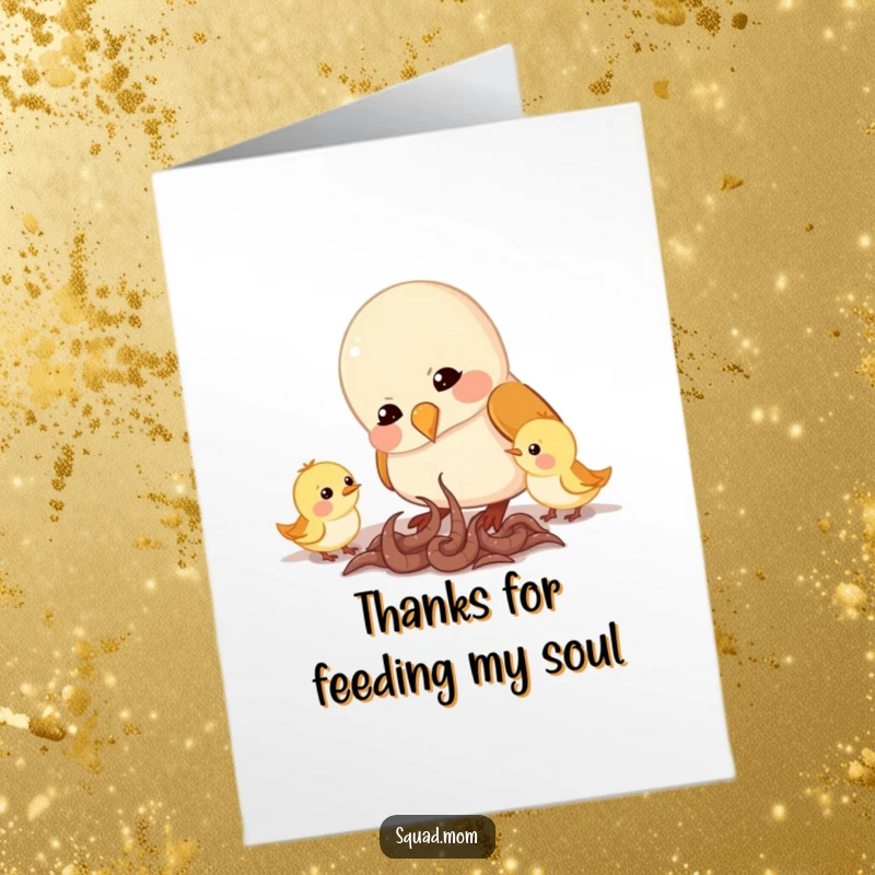 Free Printable Thank You Card: Mama bird diligently feeding worms to her chirping little ones, expressing thanks through nurturing, a downloadable gift.