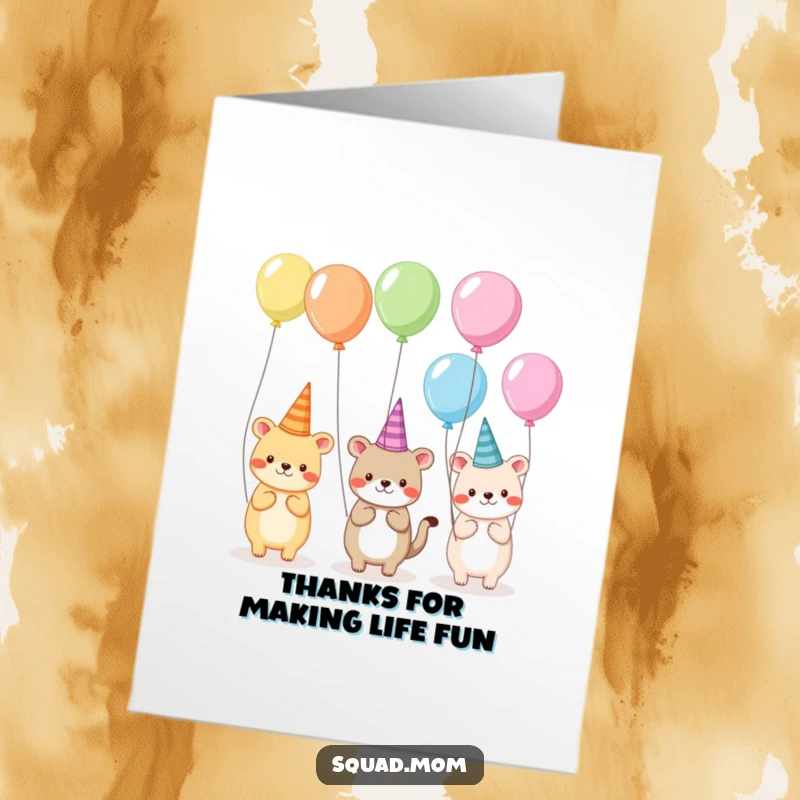 Free Printable Thank You Card: Animals in silly hats holding balloons, conveying thanks with a playful and funny, downloadable message.
