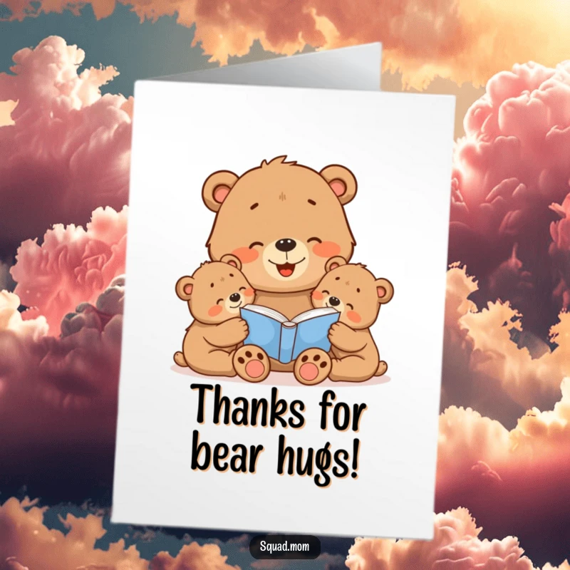Free Printable Thank You Card: Cheerful bear mom reading a story to her cubs, evoking warmth.