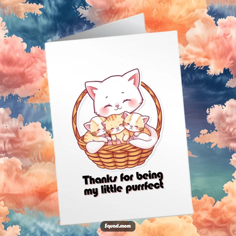Free Printable Thank You Card: Loving mama cat with her adorable playful kittens nestled in a basket, full of warmth, downloadable.