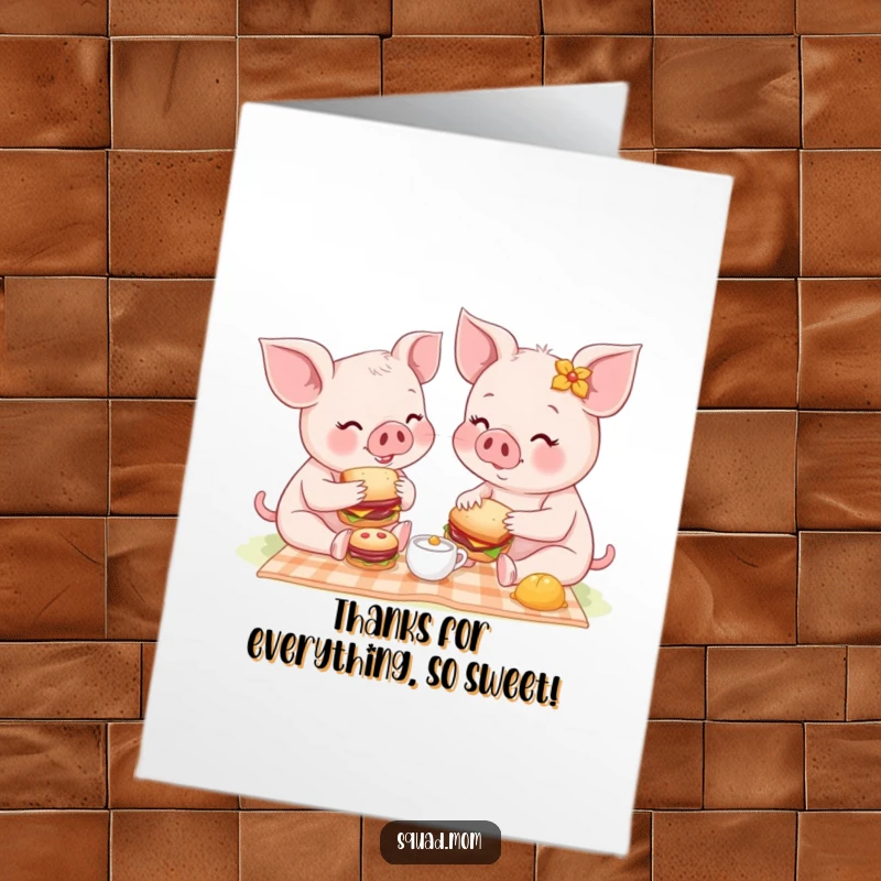Free Printable Thank You Card: Cute piglet mom and baby enjoying a lovely picnic with tiny sandwiches, expressing thanks.