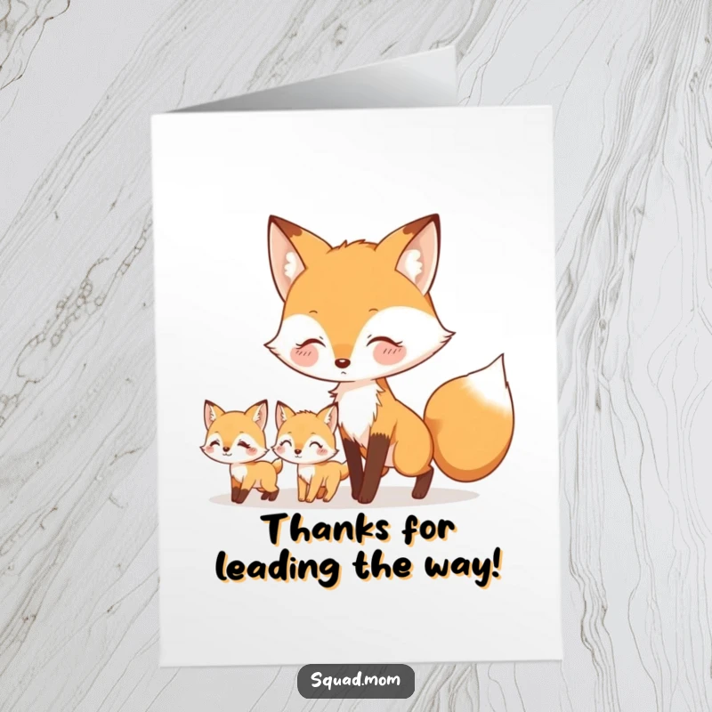 Free Printable Thank You Card: A gentle fox mom character leads her little kits, offering a sweet and sincere thank you from the den.