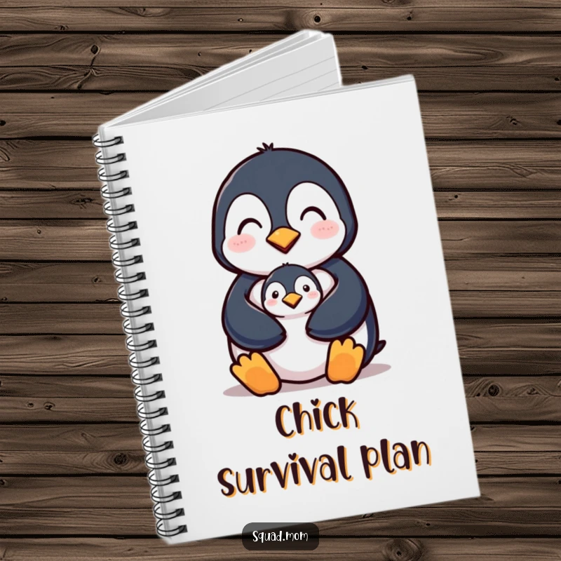 Funny notebook cover showing a penguin mom protecting her chick, ideal for journaling and capturing maternal reflections.