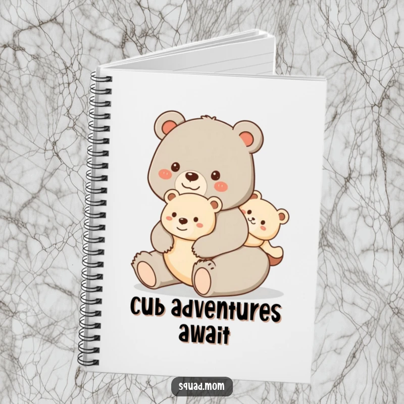 Funny notebook with a happy bear mom giving her cub a piggyback ride, ideal for writing notes with a theme of adventure and family.