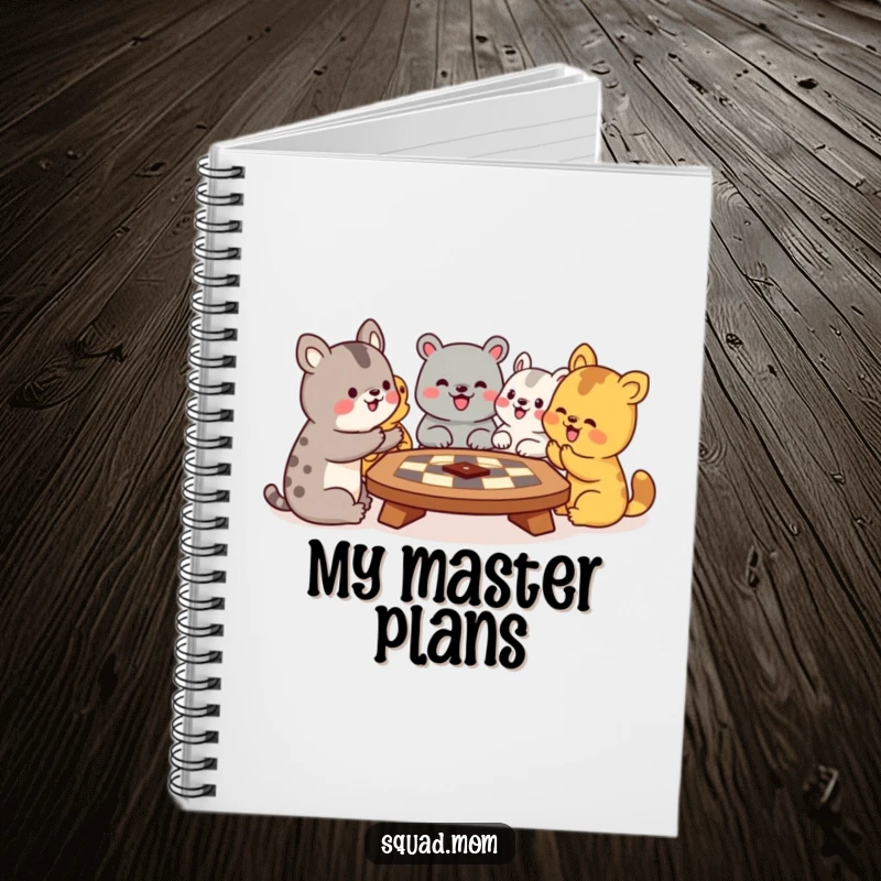 Funny notebook cover design featuring animal friends engrossed in a board game, perfect for jotting down notes with a humorous touch.