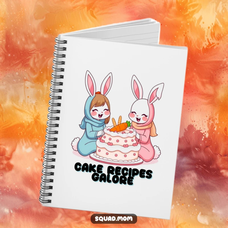 Funny bunny moms notebook with two smiling rabbits sharing a giant carrot cake, perfect for jotting down notes with a humorous, sweet touch.