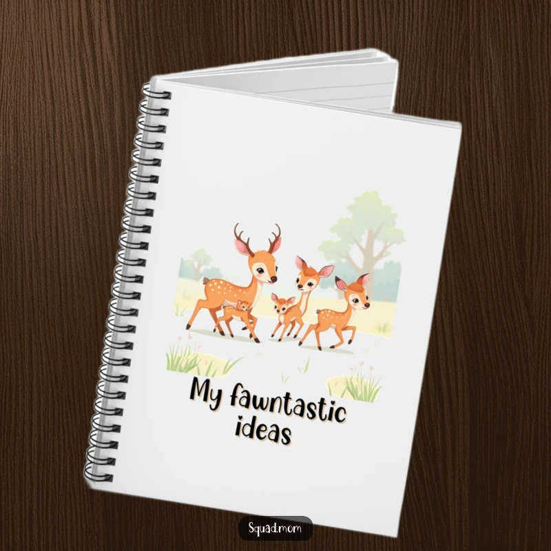Funny deer moms and fawns playing tag in a meadow, featured on a notebook cover, ideal for writing and drawing.