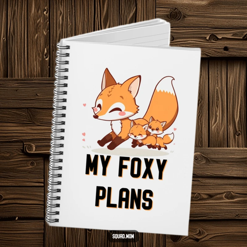 Funny fox mother and kits in a playful chase featured on a humorous notebook for writing and drawing.