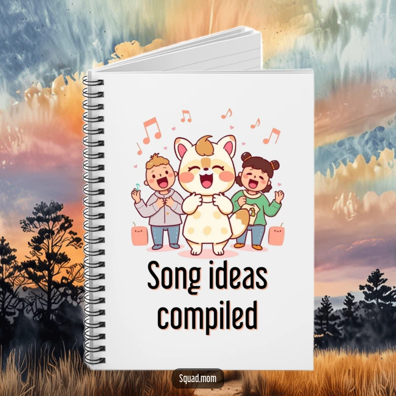 Funny Kawaii mom friend animal character singing with musical notes on the cover of a notebook, for music lovers.