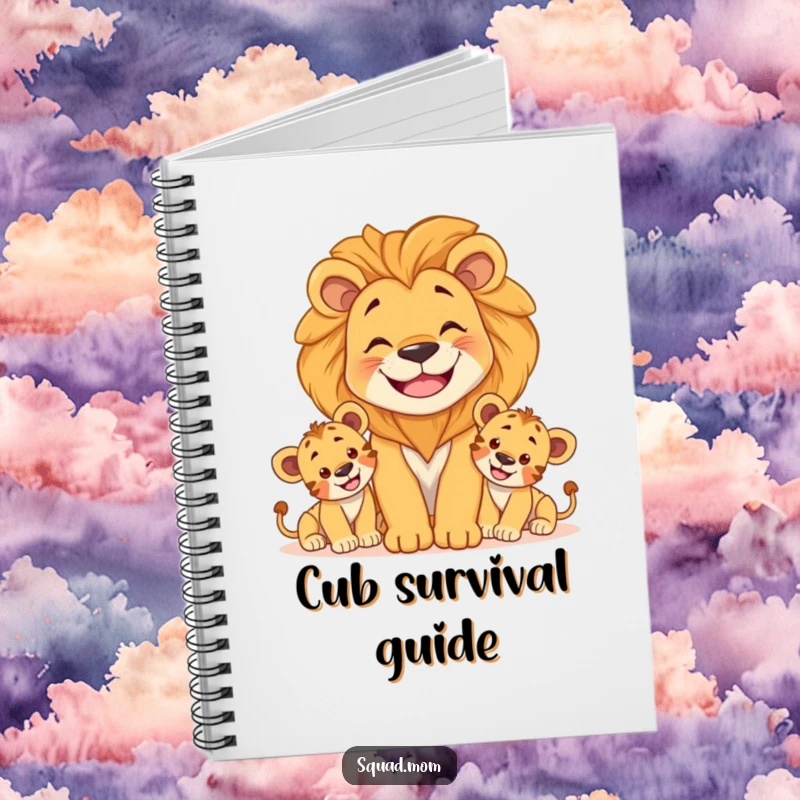 Funny notebook with a smiling lion mom protecting her playful cubs, ideal for writing notes with a theme of strength and playfulness.