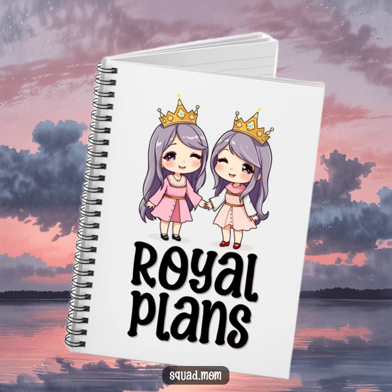 Funny notebook cover with two women holding hands, both wearing matching sparkly crowns, ready for notes.