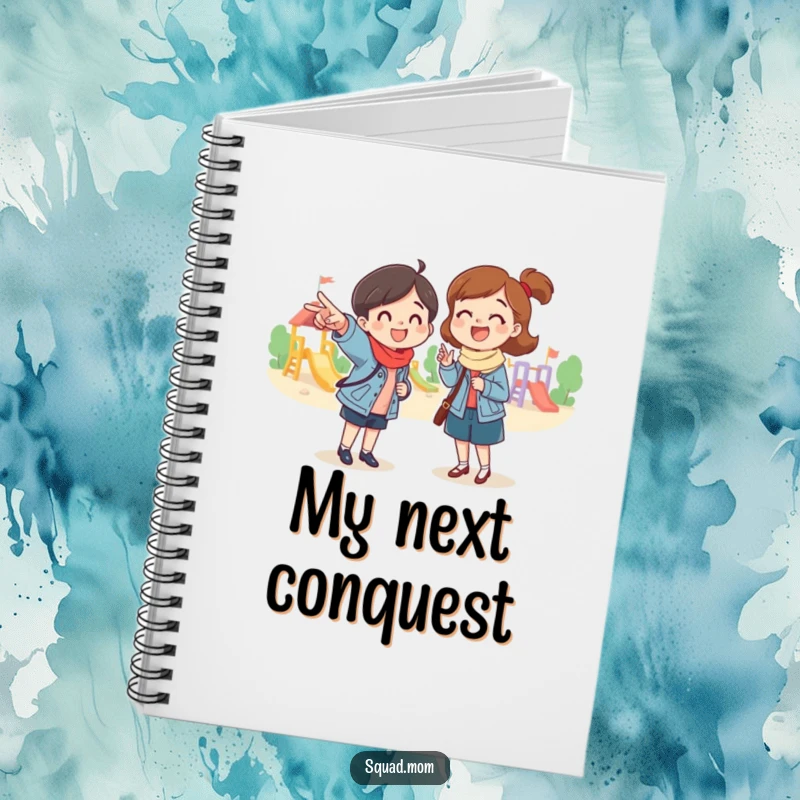 Funny notebook with a mom friend pointing excitedly at a playground, perfect for note-taking with energetic humor, a great funny gift.