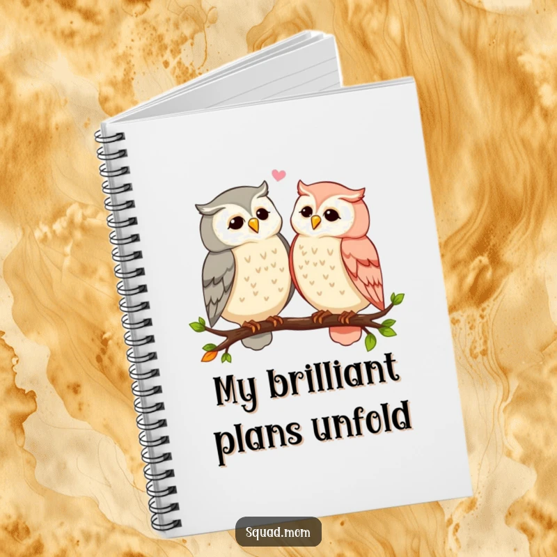 Funny owl moms sharing secrets and gossip while perched on a branch, featured on a notebook cover, ideal for writing and drawing.