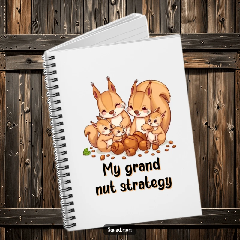 Funny notebook cover showing a mother squirrel and babies enthusiastically collecting acorns, great for humorous note-taking.
