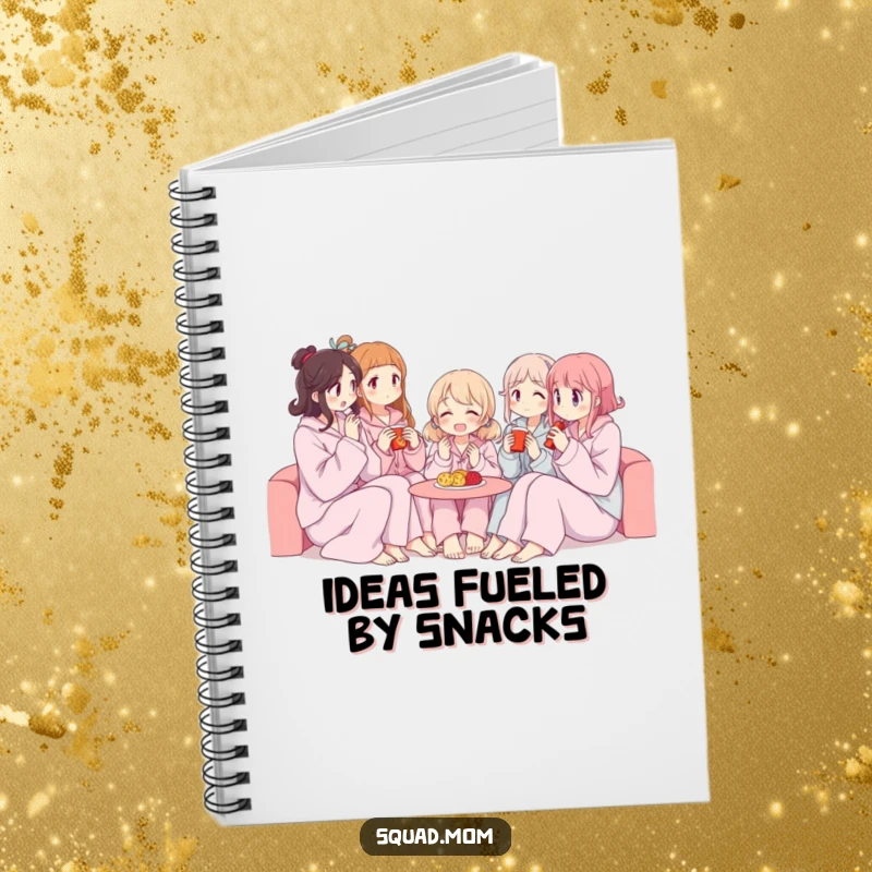 Funny notebook featuring women in pajamas sharing snacks, perfect for notes and journaling.
