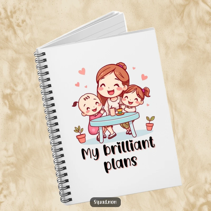 Funny notebook with a smiling mom friend organizing a playdate, perfect for jotting notes and ideas with a humorous touch, a great funny gift.