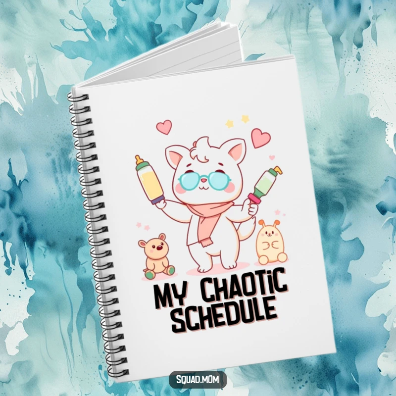 Funny Kawaii mom friend animal character juggling baby bottles and toys on the cover of a notebook, for busy moms.