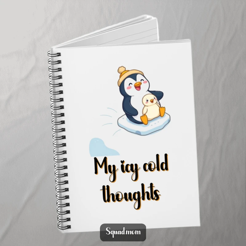 Funny penguin mom and chick sliding down an icy hill, featured on a humorous notebook for jotting down thoughts.