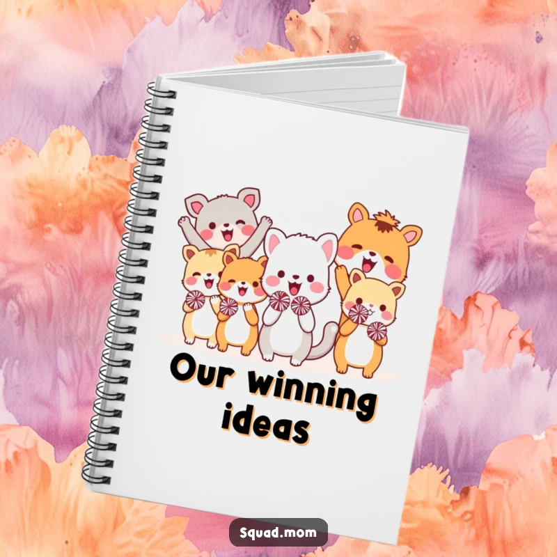 Funny notebook cover with a group of happy animal friends holding tiny pom-poms and cheering, perfect for jotting down notes with a dose of humor.