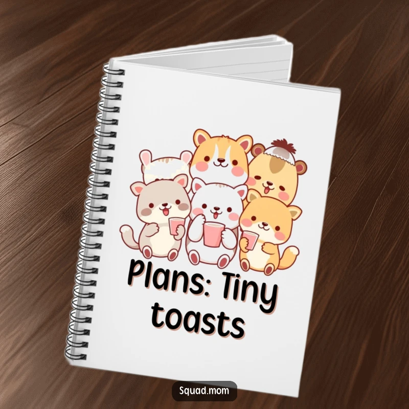 Funny notebook cover showing a cheerful group of animal friends toasting with small cups, ideal for journaling and making plans.