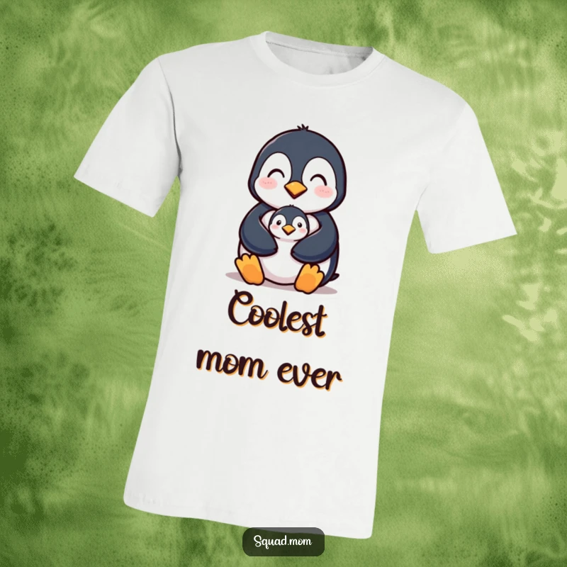 Funny t-shirt illustrating a caring penguin mom character guarding her vulnerable chick, a sweet depiction of maternal instinct.